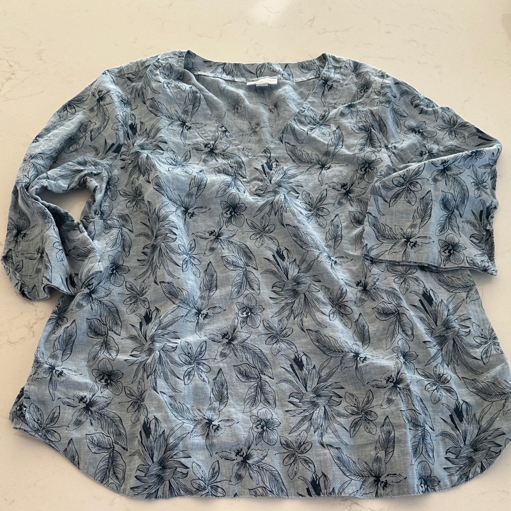 J. Jill Light Blue Floral 100% Linen Blouse